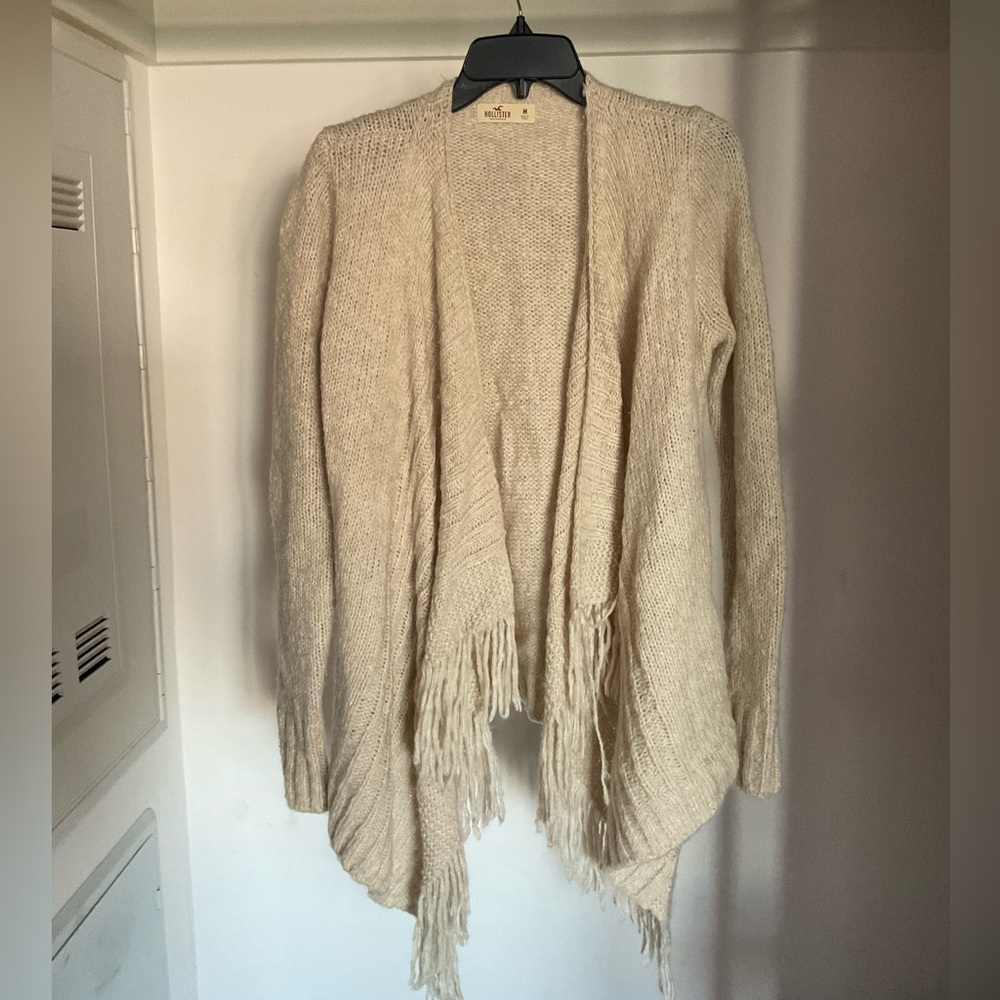 Hollister Beige Fringe Open Front Cardigan Women’s Size M